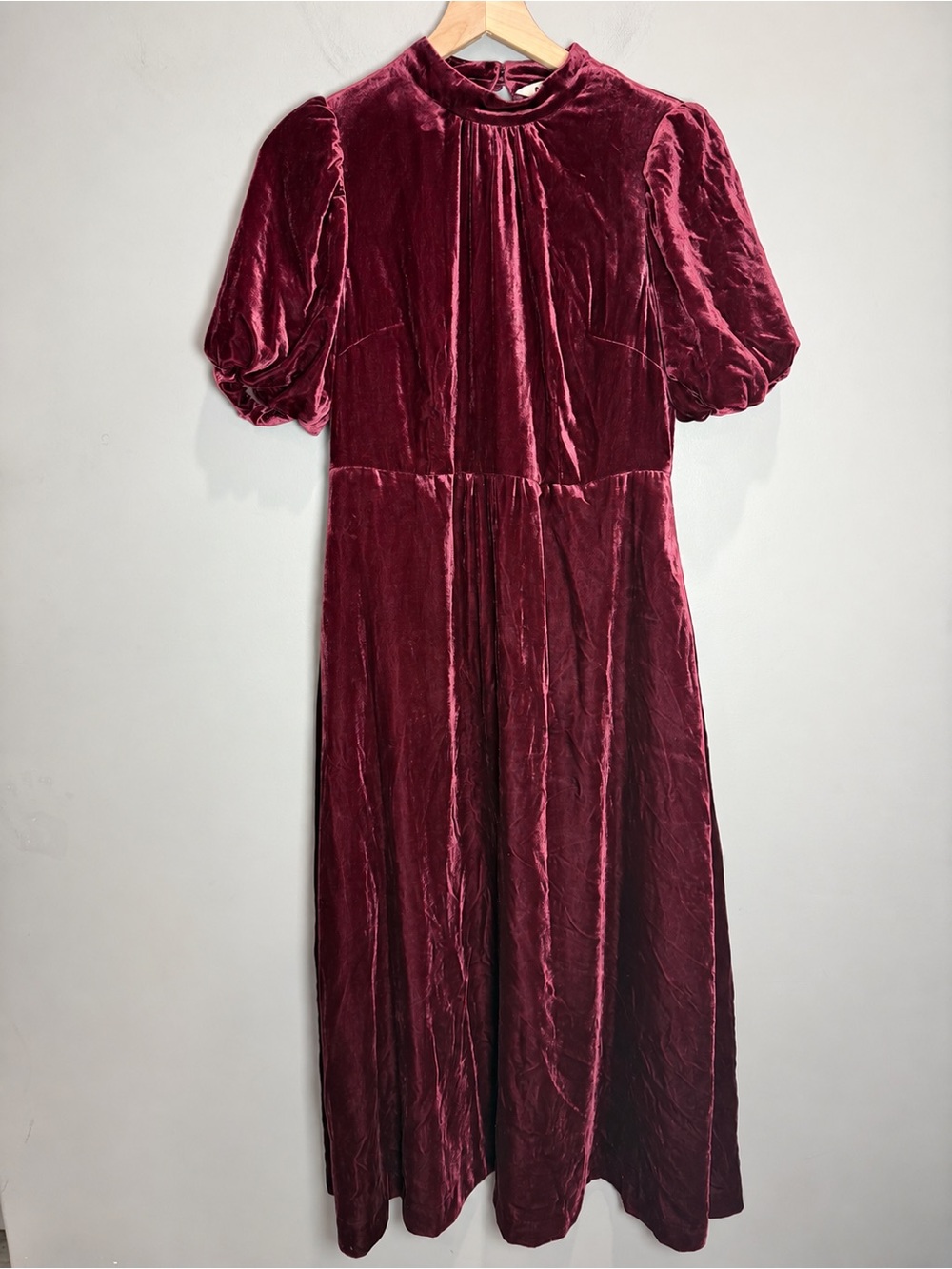 Boden D1095 Burgundy Velvet High Neck Puff Sleeve Midi Dress US 6R